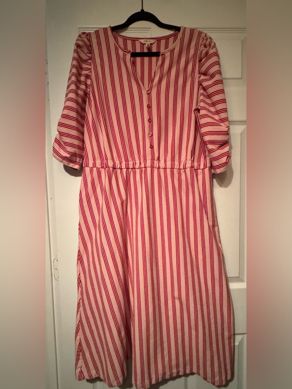 Matilda Jane Sz XL Pink White & Red Striped Button-Front Dress w/ pockets